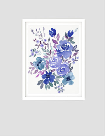 Watercolour Blue Floral Wall Art, Blue Floral prints Wall Art